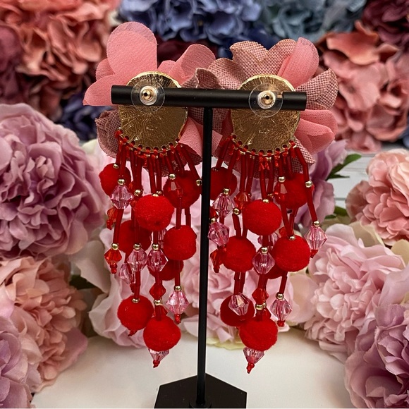 Boho Pink Rose Long Dangling Pom Pom Tassel Earrings - Picture 14 of 16